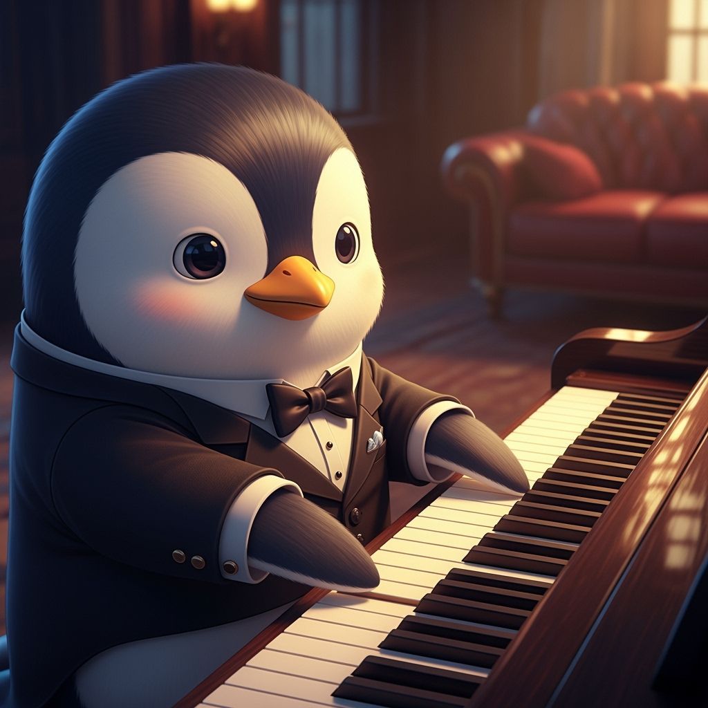 Penguin Pianist in Tuxedo: 3D Anime Style