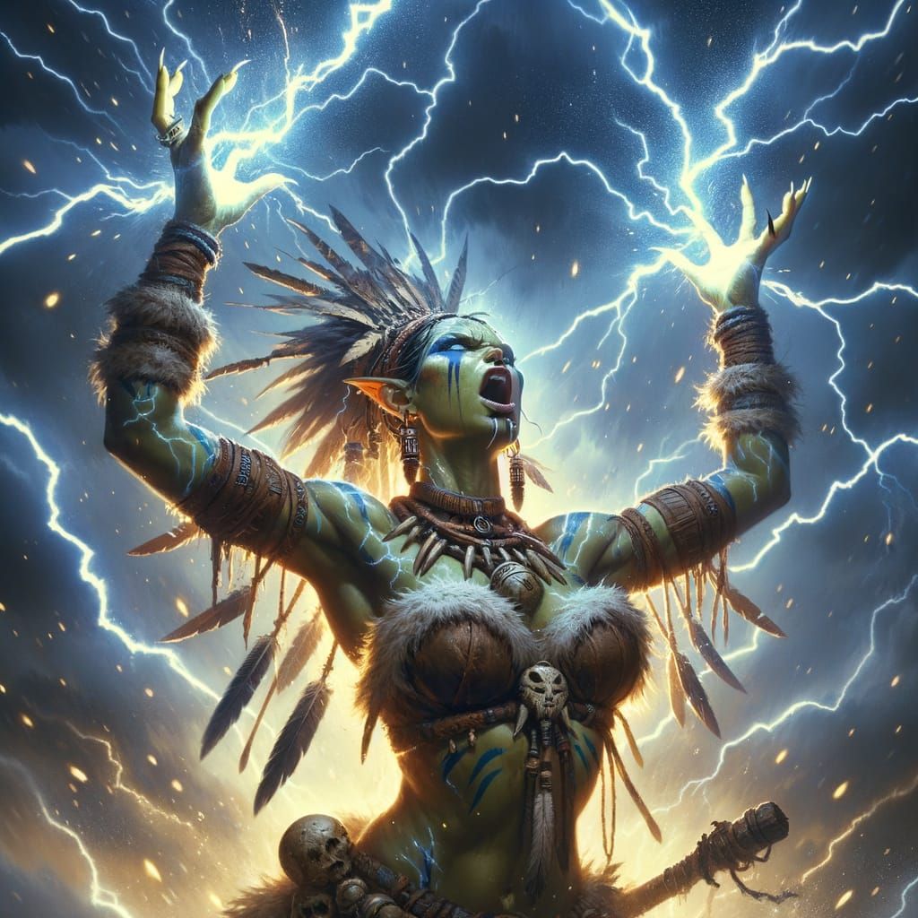 Female Orc Shaman Summons Storm with Lightning