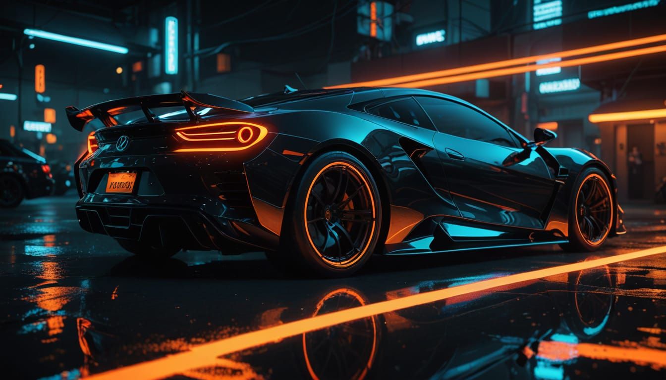 Futuristic Car Illuminated by Neon Accents in a Low Angle Sh...