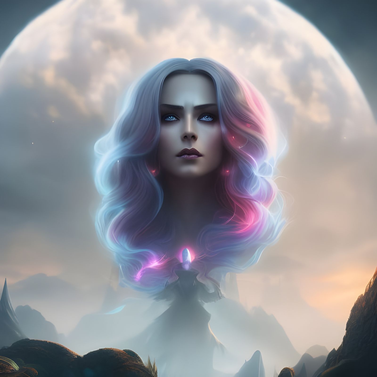 Enchanting Water-Haired Sorceress in Dark Fantasy Library