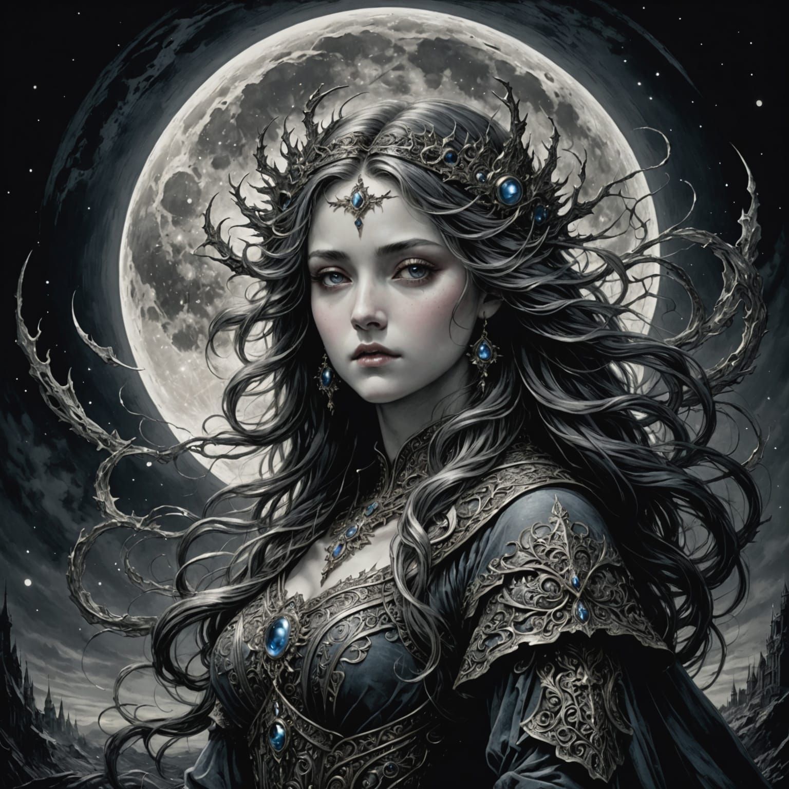 Moon Goddess in Vibrant Cel-Shaded Charcoal