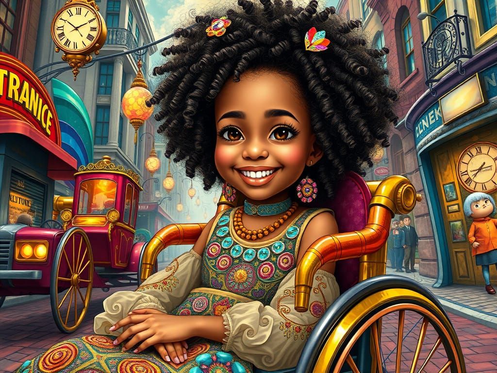 Vibrant Steampunk Girl in Whimsical Street Scene