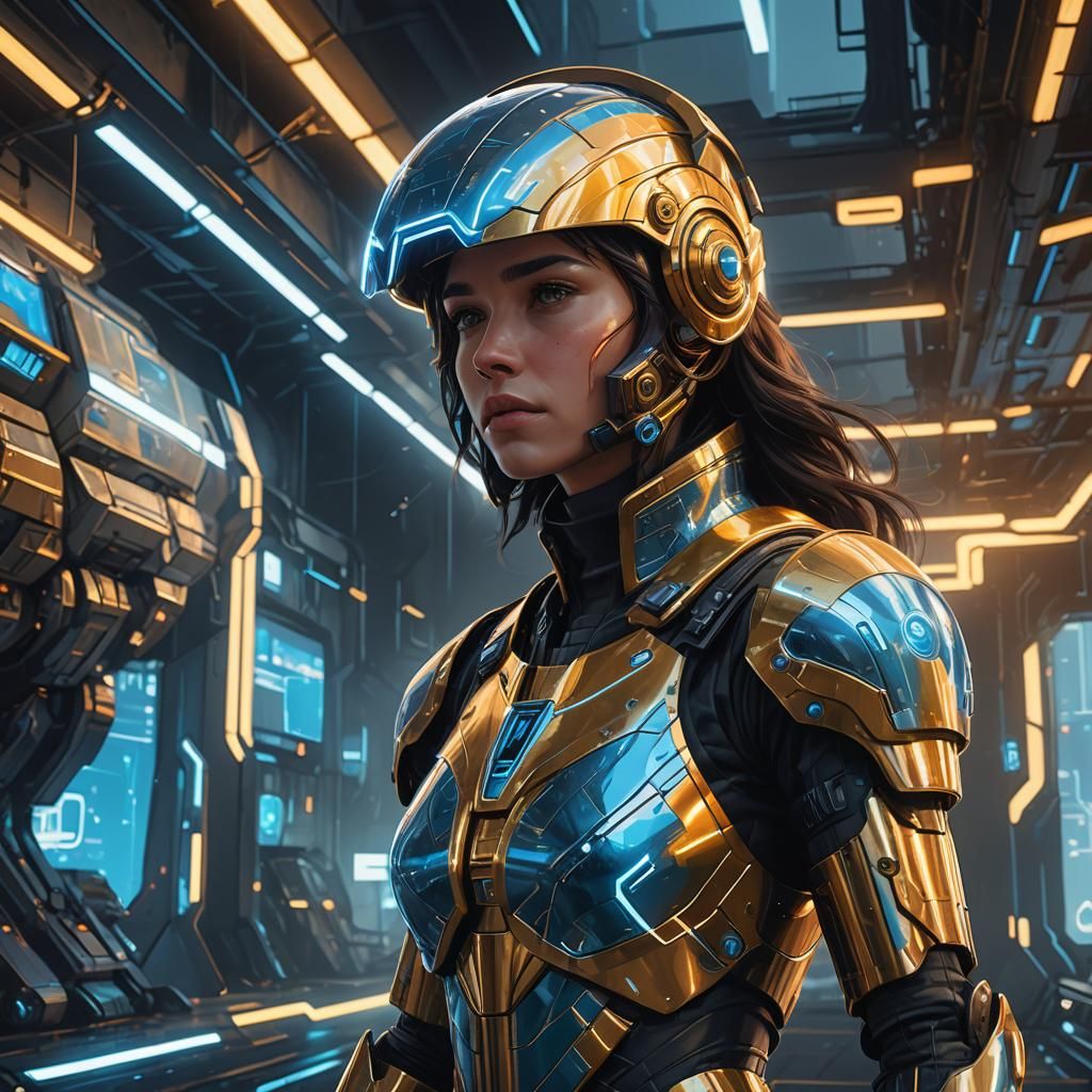 Futuristic Armored Woman in Hyperrealistic Digital Art