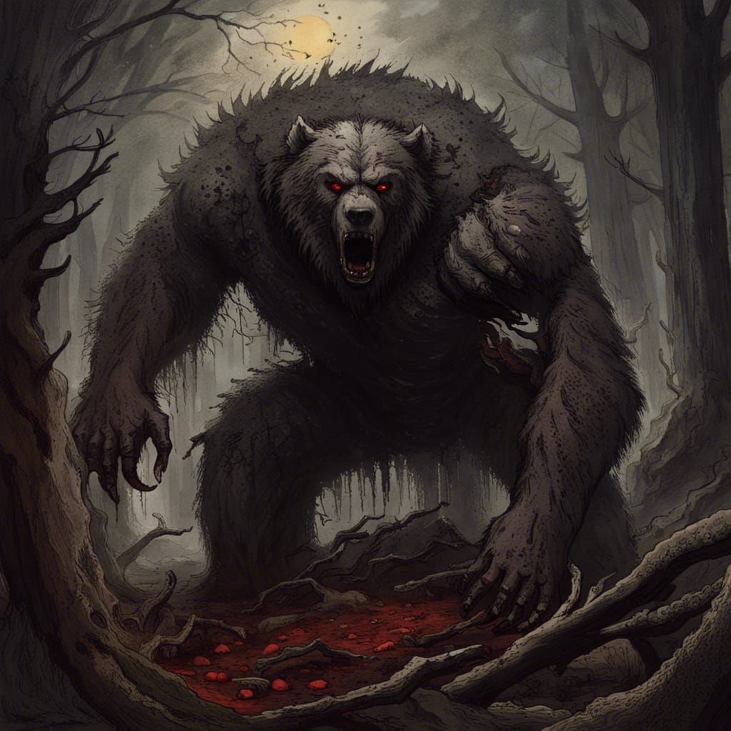 Dark Fantasy Werebear in Gothic Horror Forest