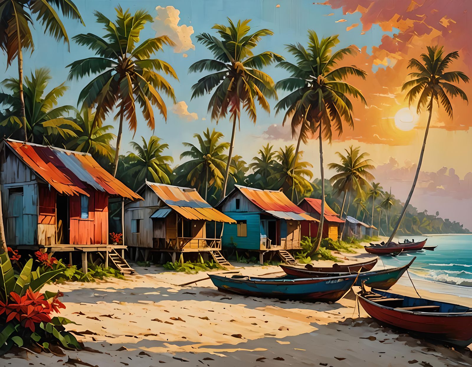 Cambodian Beach Shacks in Oil Painting Style