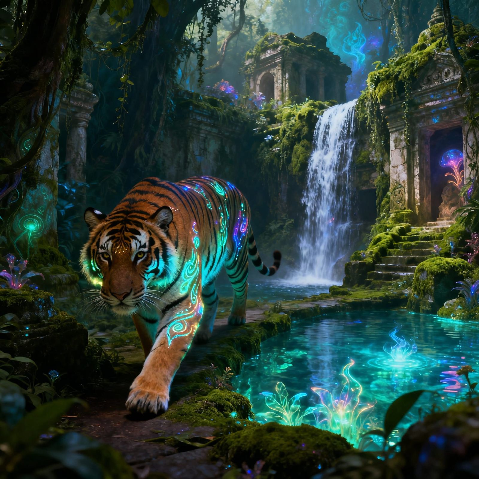 Bioluminescent Tiger in Ancient Jungle Temple