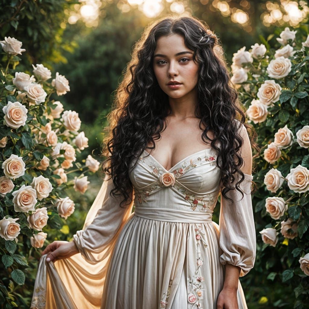 Princess in Rose Garden with Volumetric Lighting