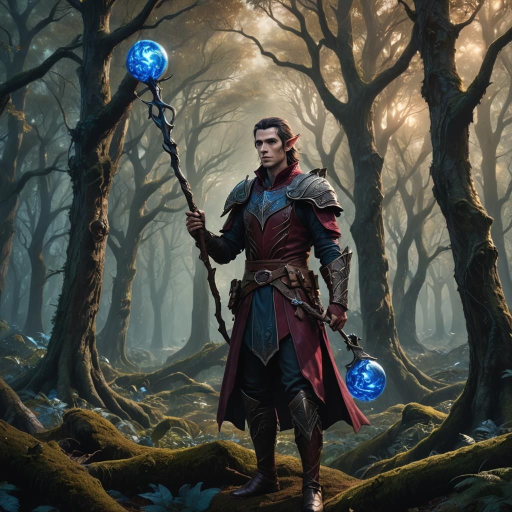 Mystical Wood Elf Warlock in Dark Fantasy Forest