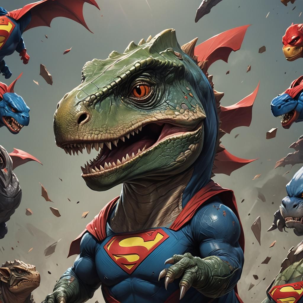 Baby T-Rex as Superman: Hyperdetailed Superhero Portrait