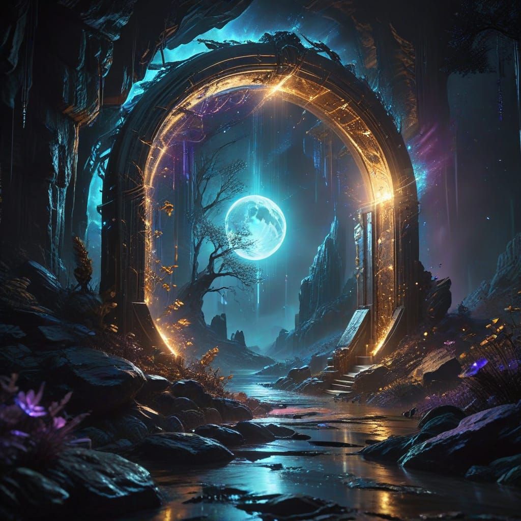 Surreal Moonlit Portal Reveals Mystical Landscape