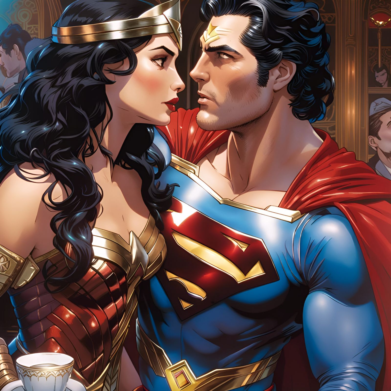 Superman and Wonder Woman Kiss in Rococo Style