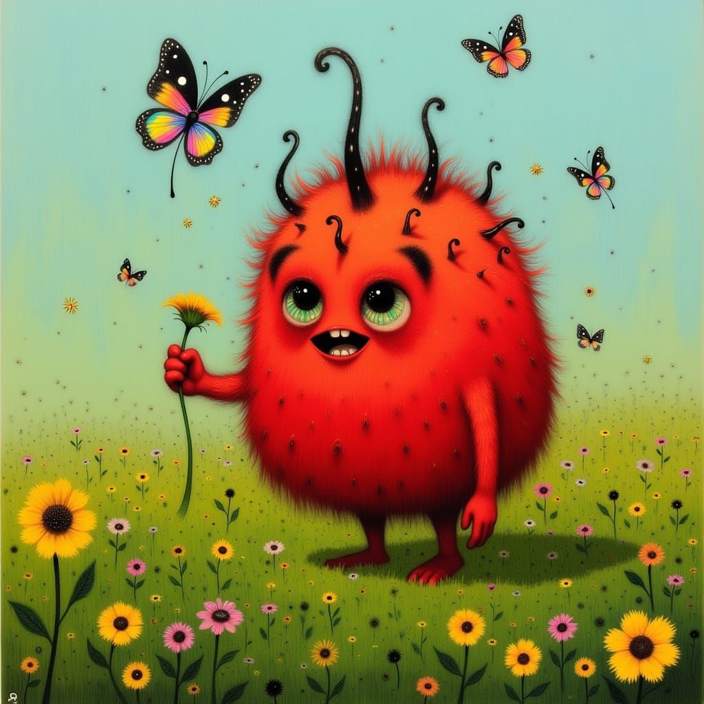 Whimsical Red Monster in a Vibrant Meadow