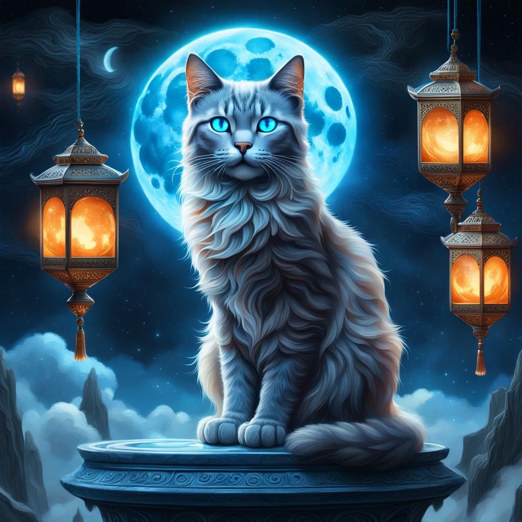Mystical Moon Cat in Starry Night: Fantasy Art