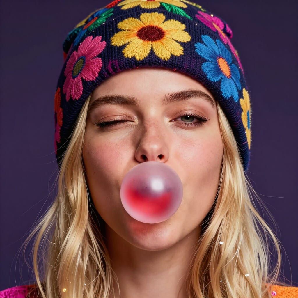 Happy Woman Blowing Bubblegum in Flower Beanie