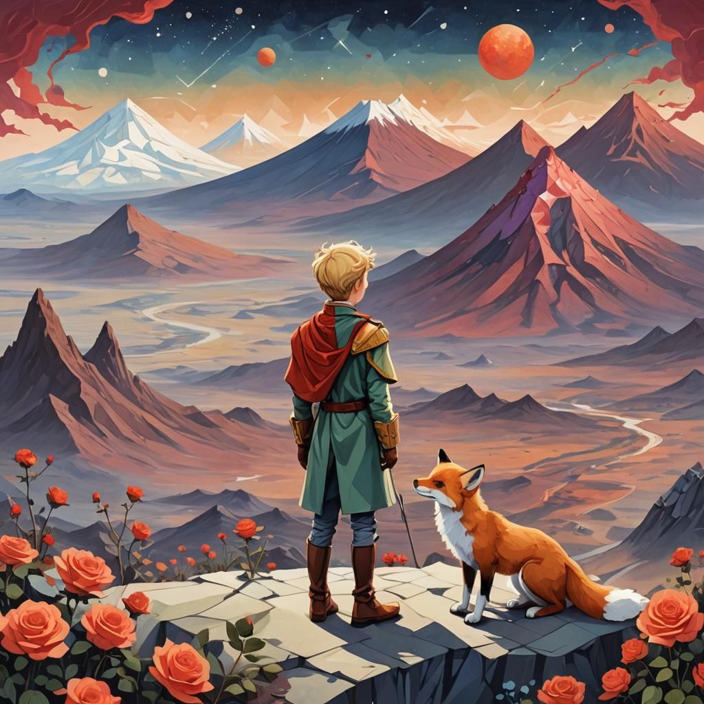 saint exupéry. little prince and his fox. the planet with th...