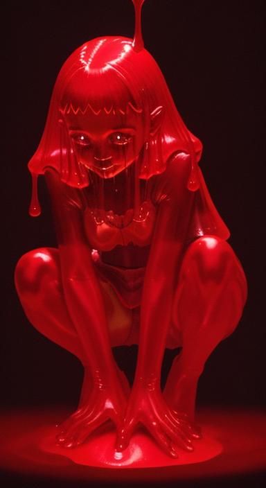 Glowing Red Slime Girl in Dark Room