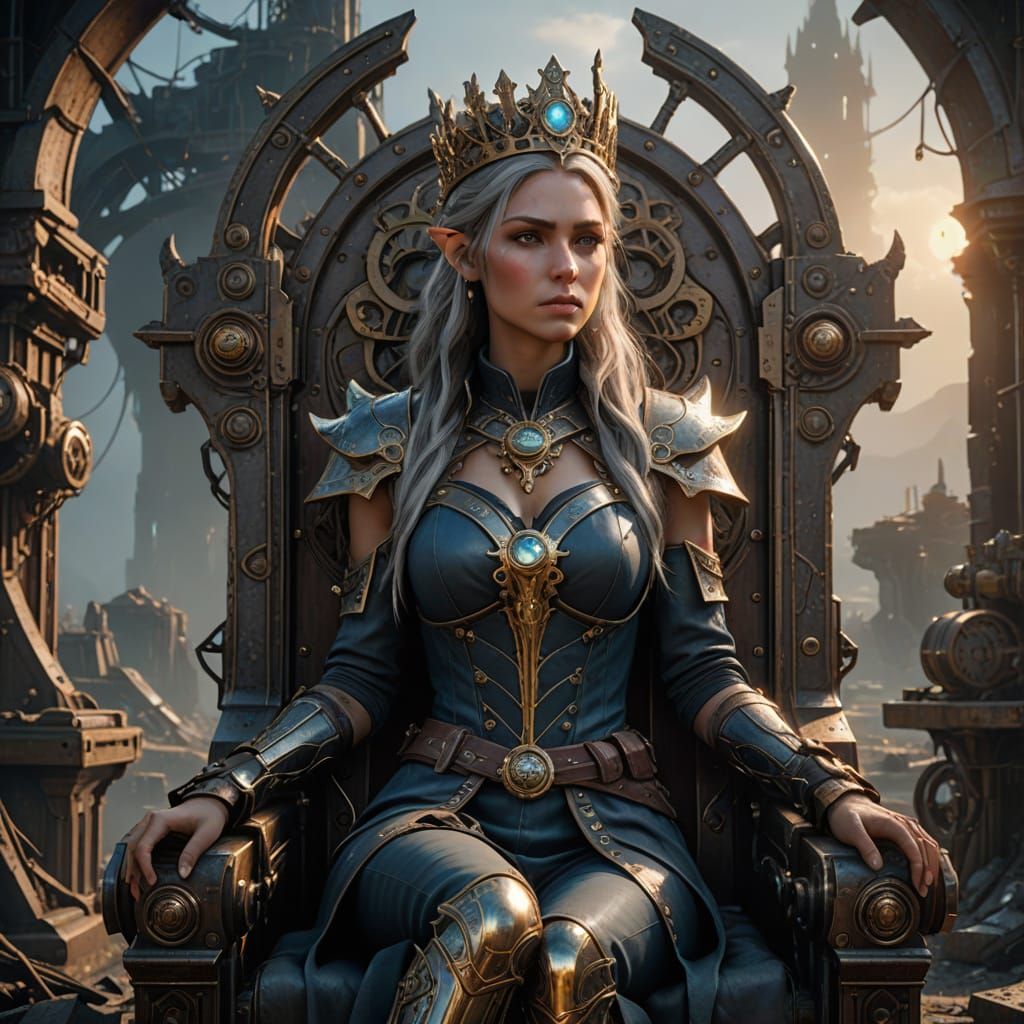 Elven Woman on Throne in Neo-Steampunk Style