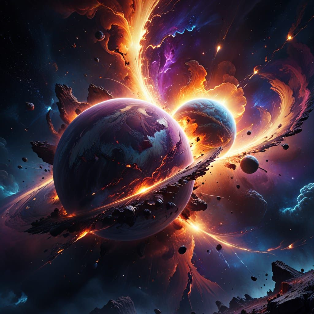 Cosmic Collision in Vibrant Nebula Colors