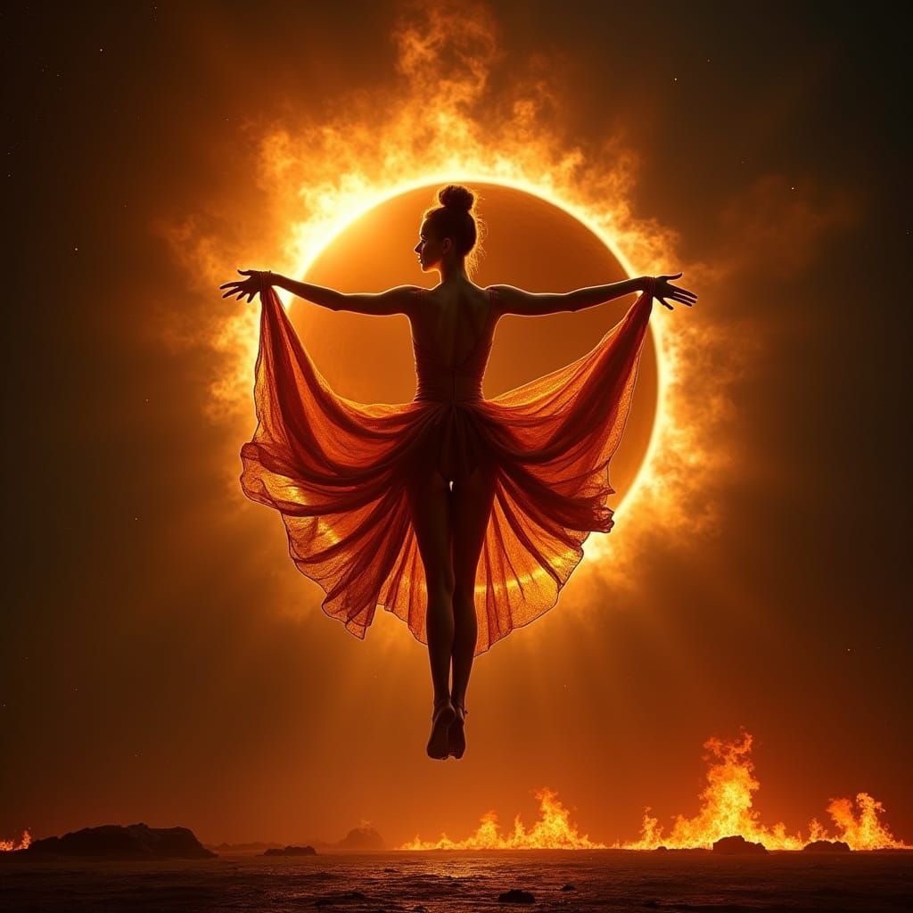 Ethereal Aerial Acrobat Defies Gravity in Swirling Flames