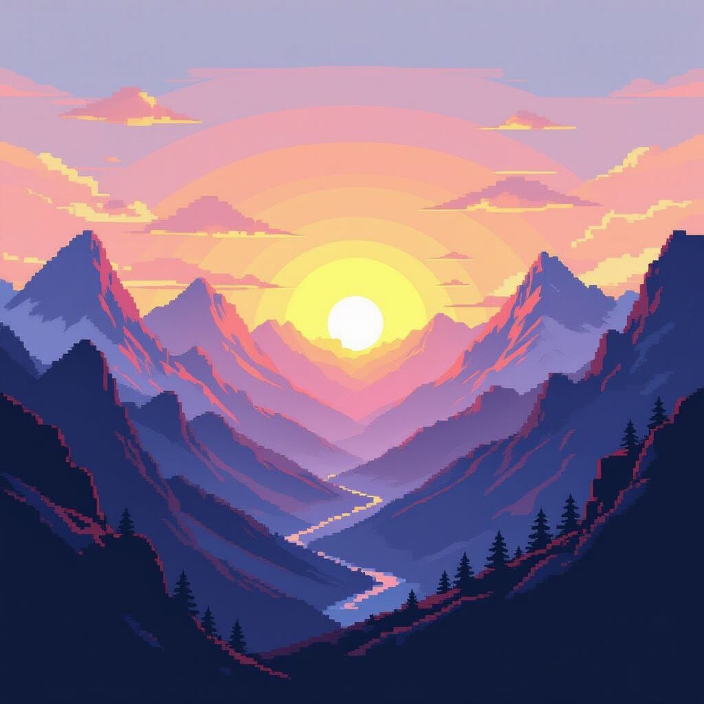 Pixelated Sunrise: Blocky Terrain in Digital Art Style