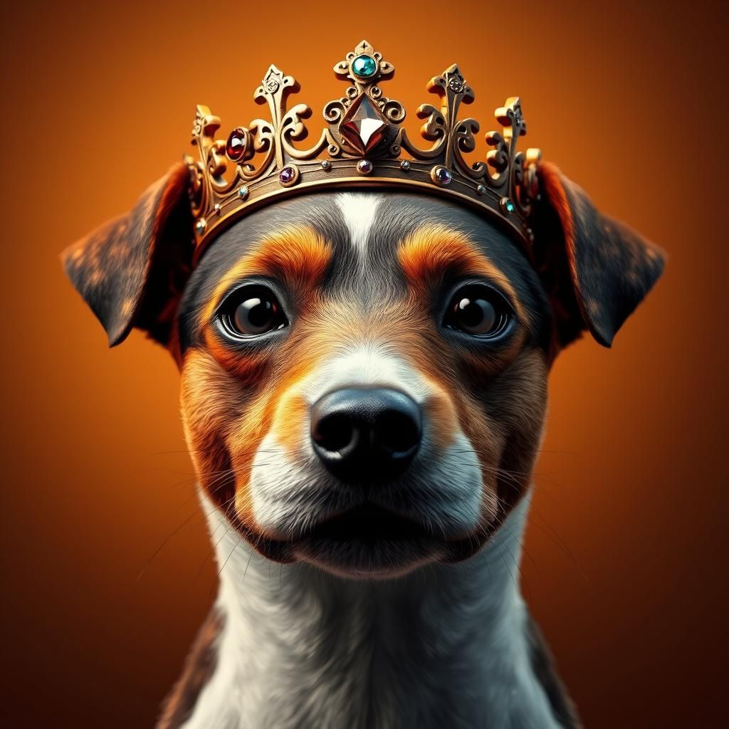 A jack russell terrier wearing a king kitty bronze crown
