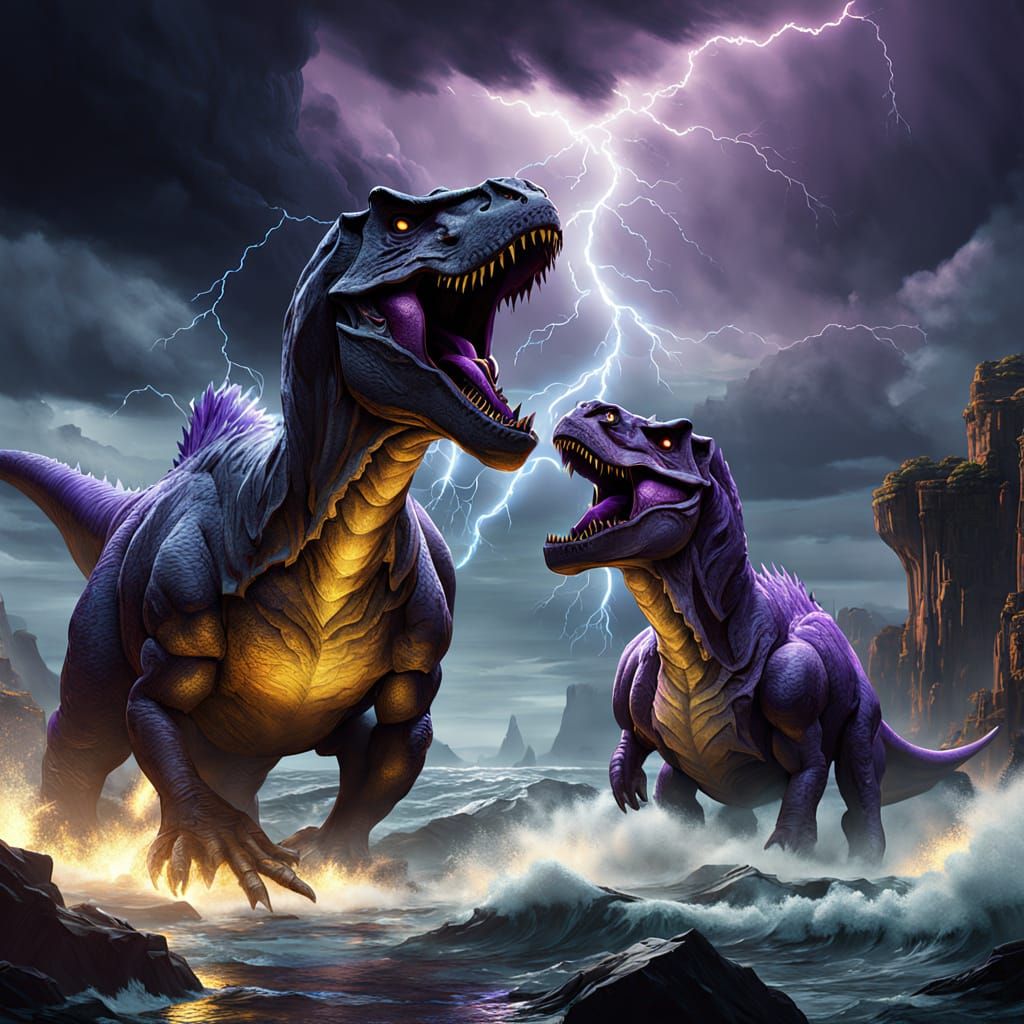 Primordial Romance: T-Rex in Stormy Seascape