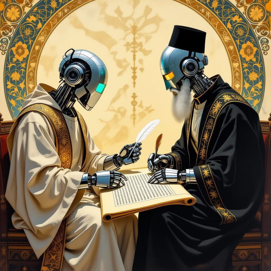 Robot Scribe Learning Ancient Writing, Art Nouveau Style