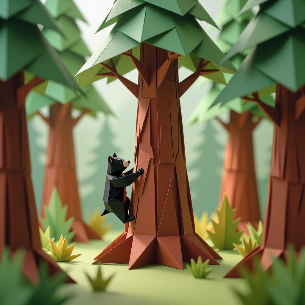 Origami Forest with Climbing Bear and Redwood Trees