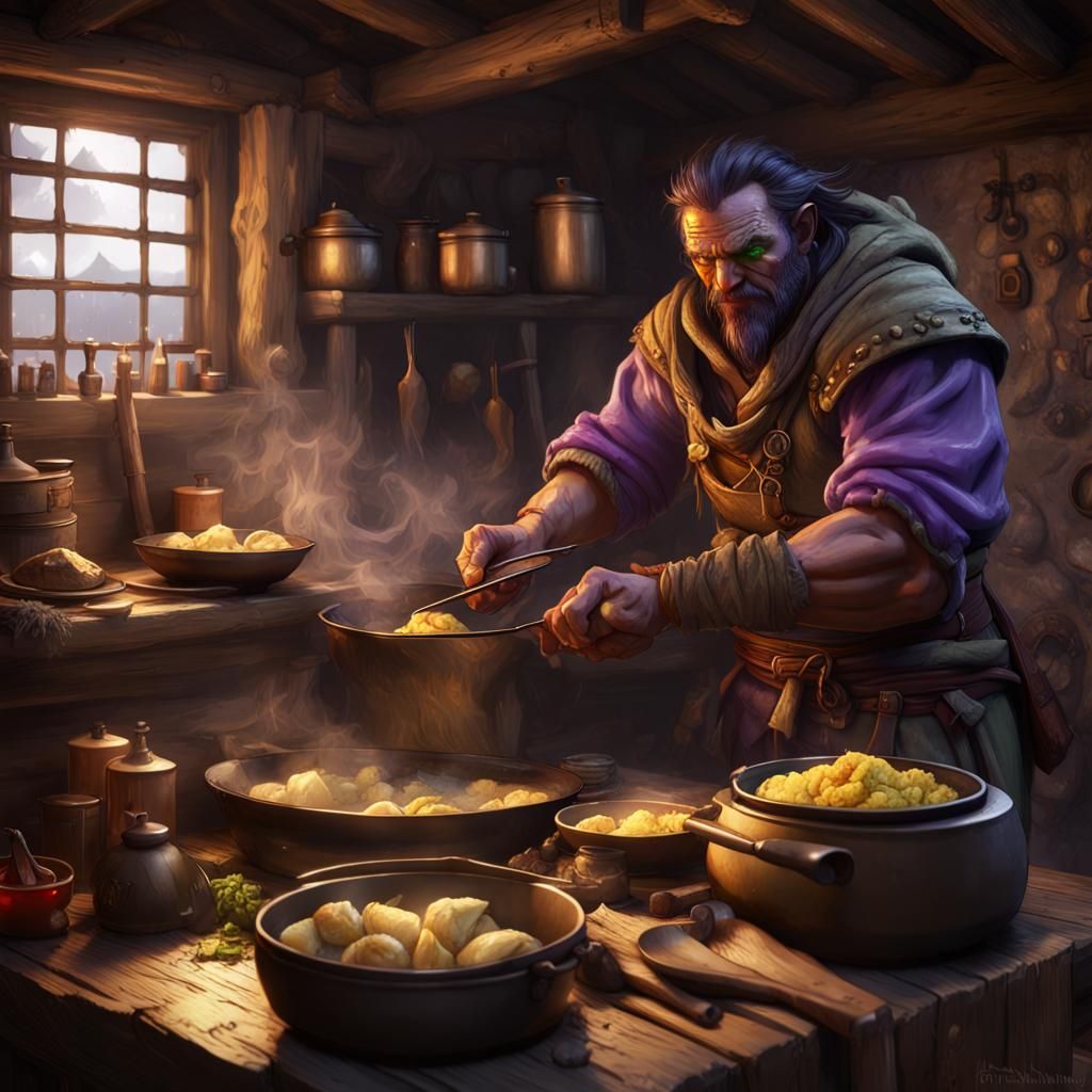 Half-Orc Ranger Cooks Dumplings: Dark Fantasy Art