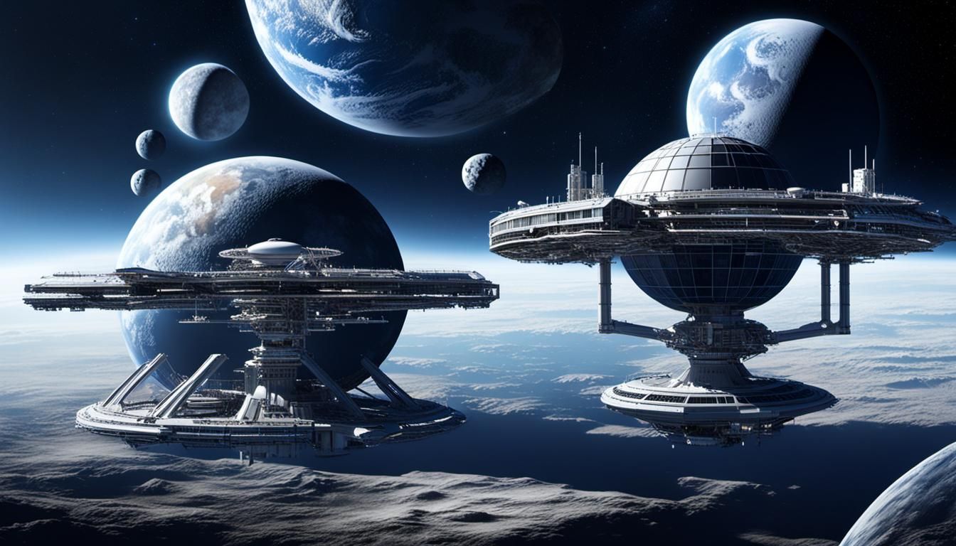 Futuristic Space Stations Orbiting Earth and Moon