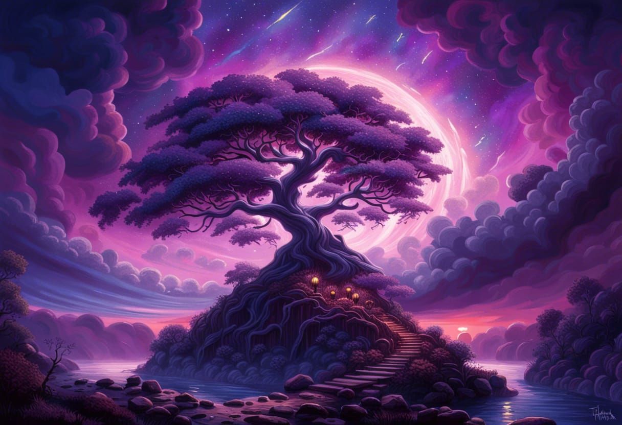 Cosmic Purple Tree with Fireflies: Digital Art