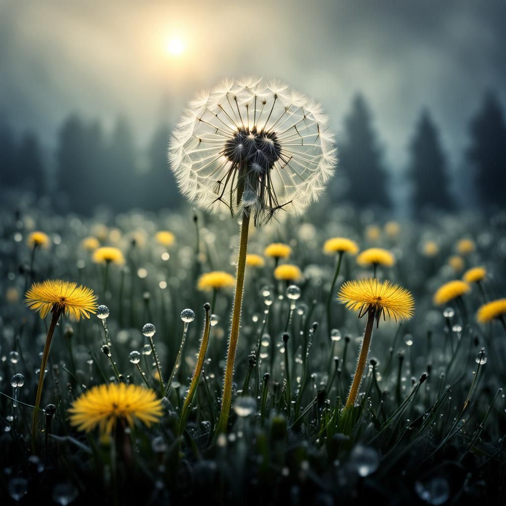 Hyperrealistic Dandelion Field On A Misty Morning