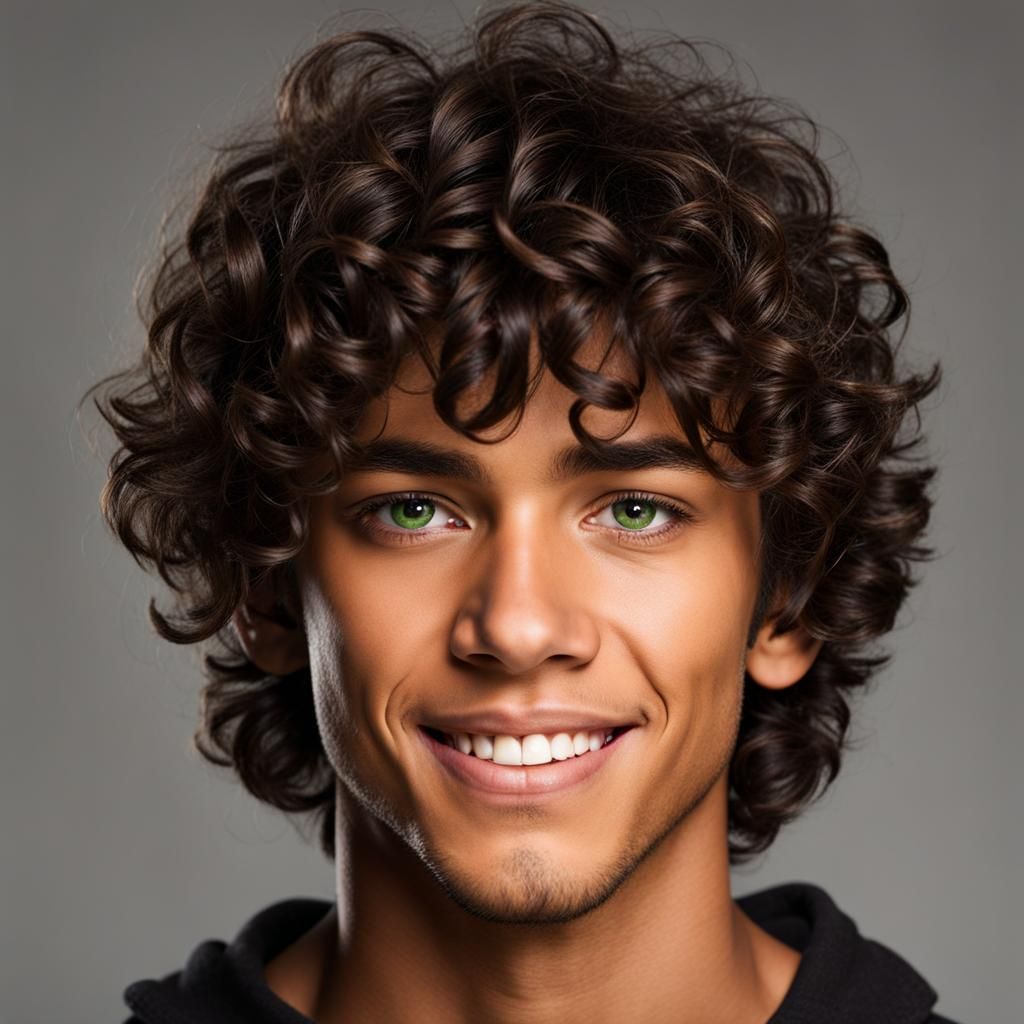 Handsome Teen with Green Eyes and Curly Hair