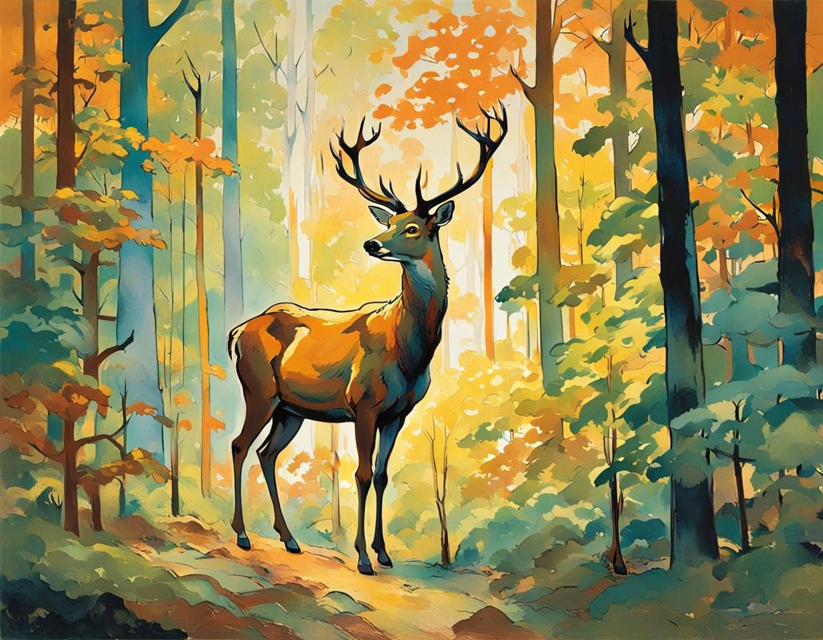 Colorful Lithograph of a Deer in Forest