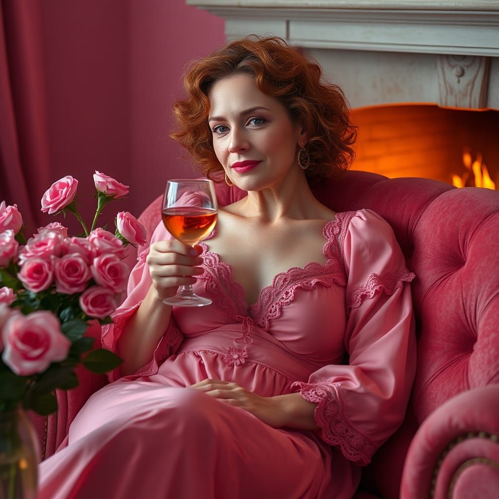 Dreamlike Woman with Rosé, in Joyce Ballantyne Style