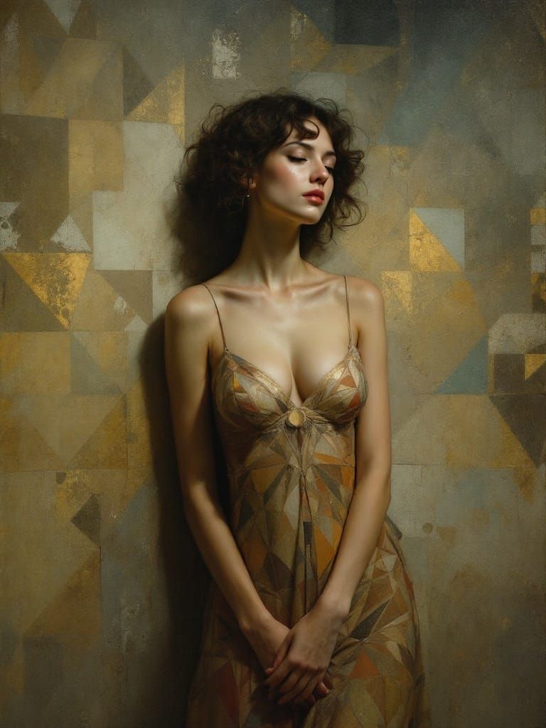 Geometric Beauty: Art Nouveau Oil Painting Fusion