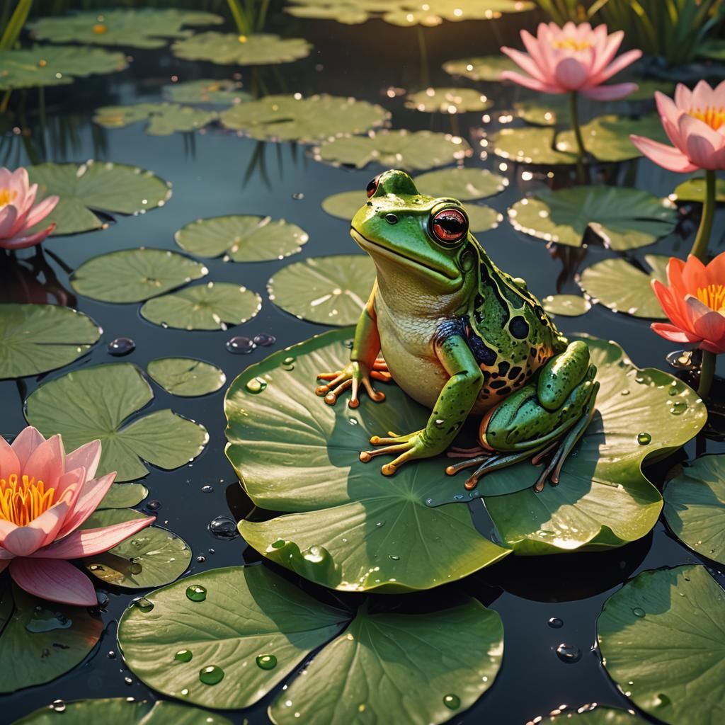 Frog on Lily Pad in Vibrant 3D Digital Art