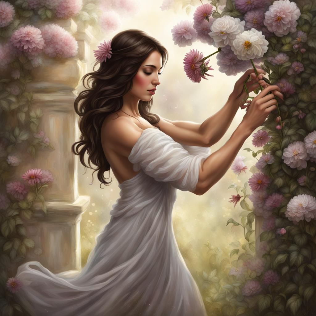 Brunette Goddess Picking a Flower