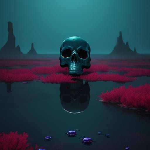Eerie Digital Painting of Skulls with Ruby Tears