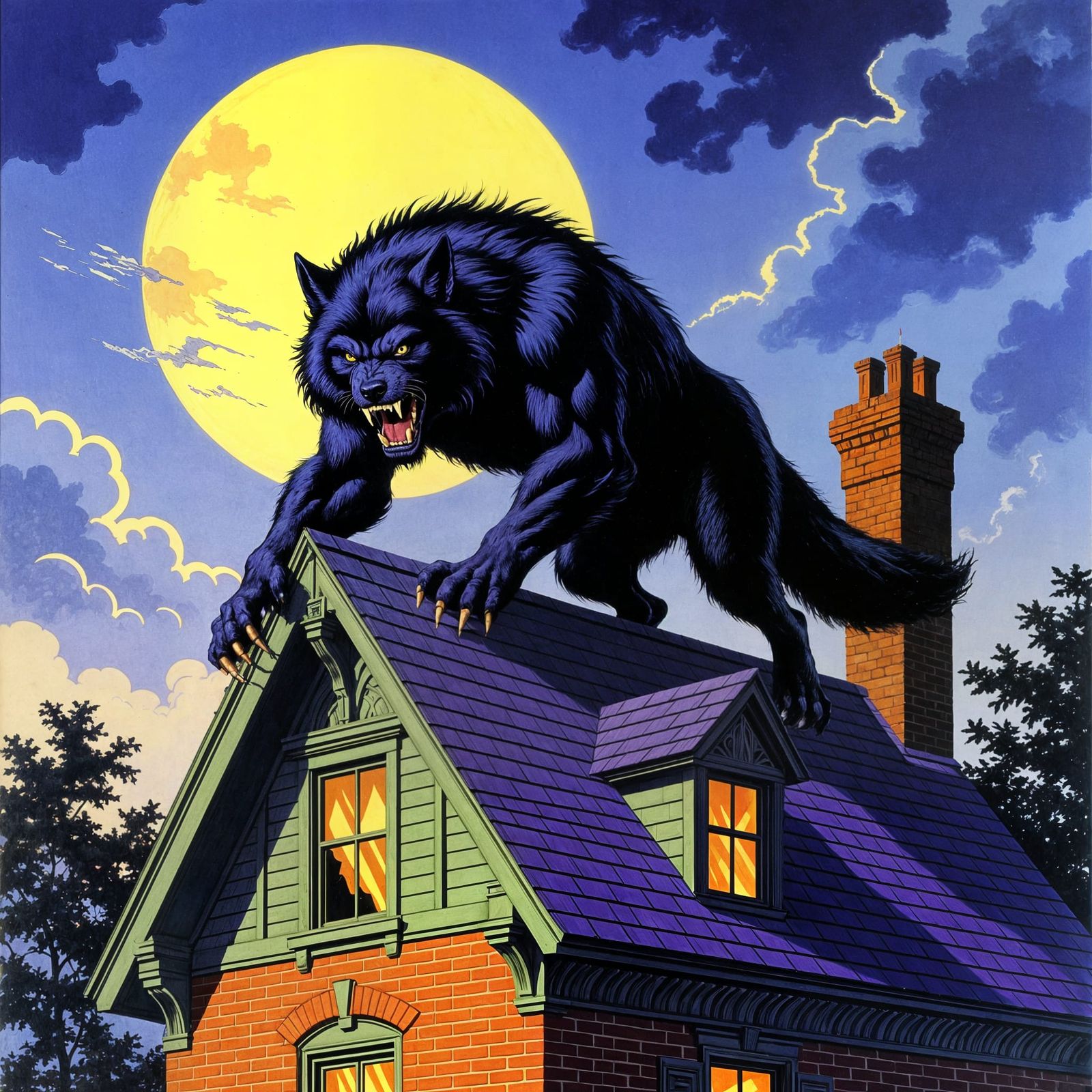 Angry Warewolf on Victorian Roof at Night