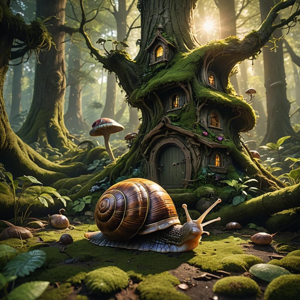 Snail with Treehouse Shell in Sunlit Forest