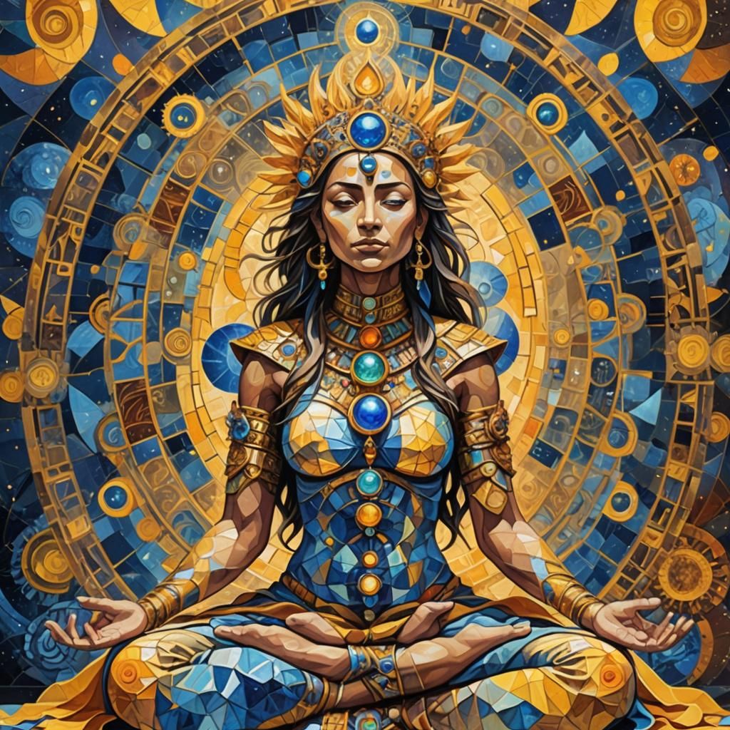 Cosmic Female Warrior Meditating on Chakras in Mixed Media