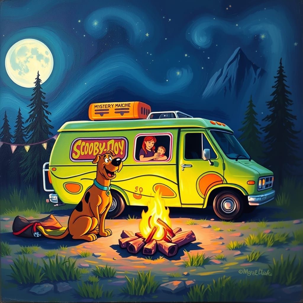 Scooby Doo's Mystery Machine at Campfire, Oil Painting
