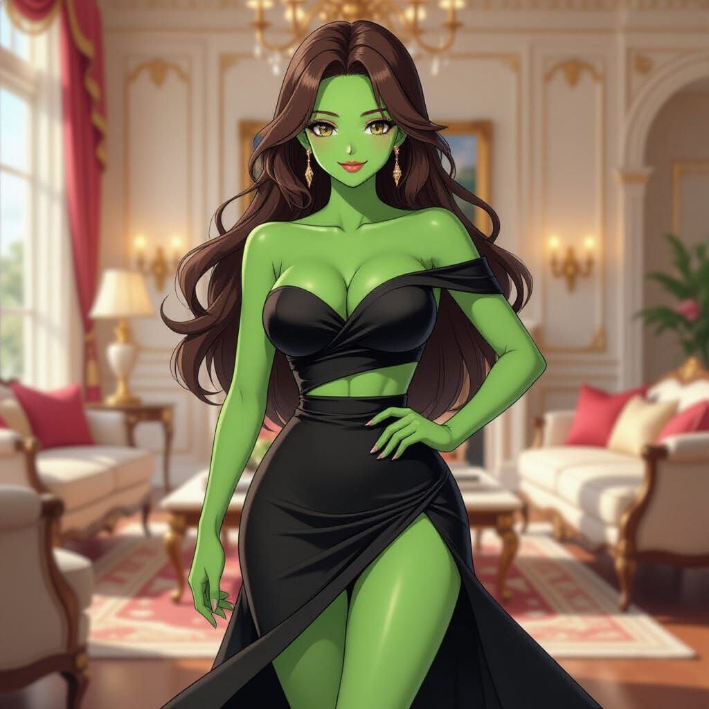 Green-Skinned Anime Woman in Luxurious Mansion