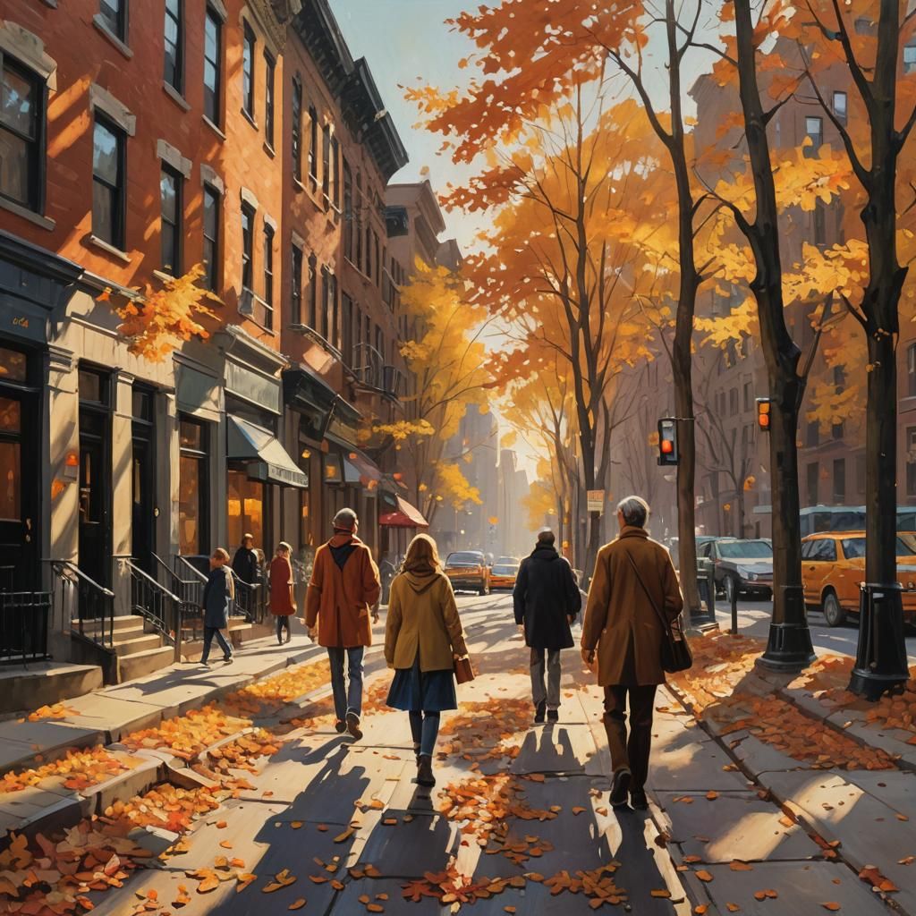 Charming New York Autumn Street, Impressionist Oil Painting