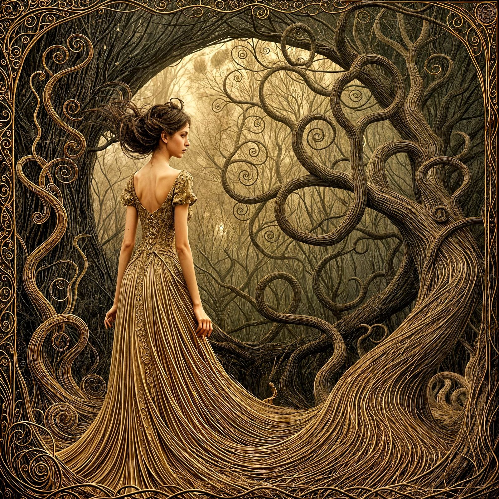 Eerie Woman Beside Twisted Tree in Dark Whimsy Style