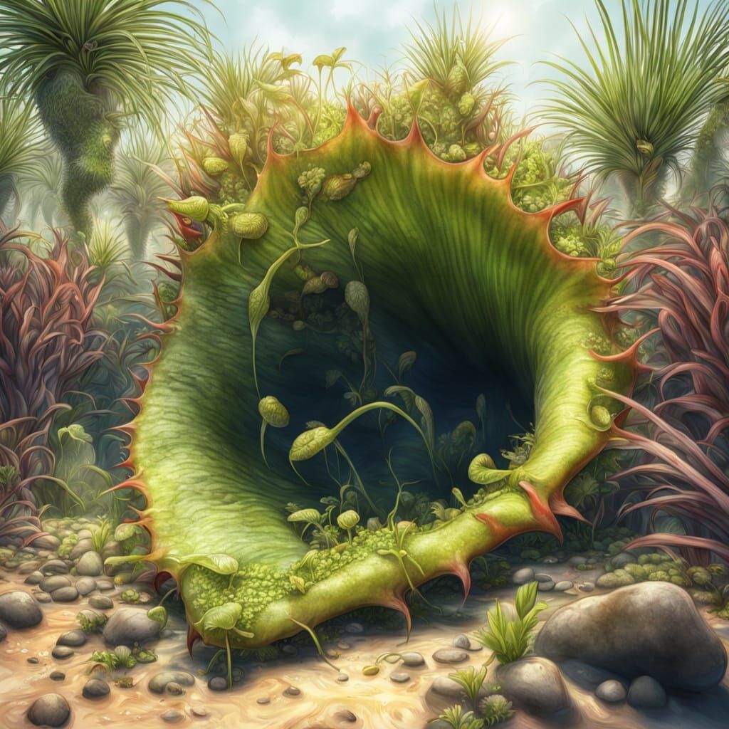 huge carnivorous plant laying ambush in an oasis, the plant'...