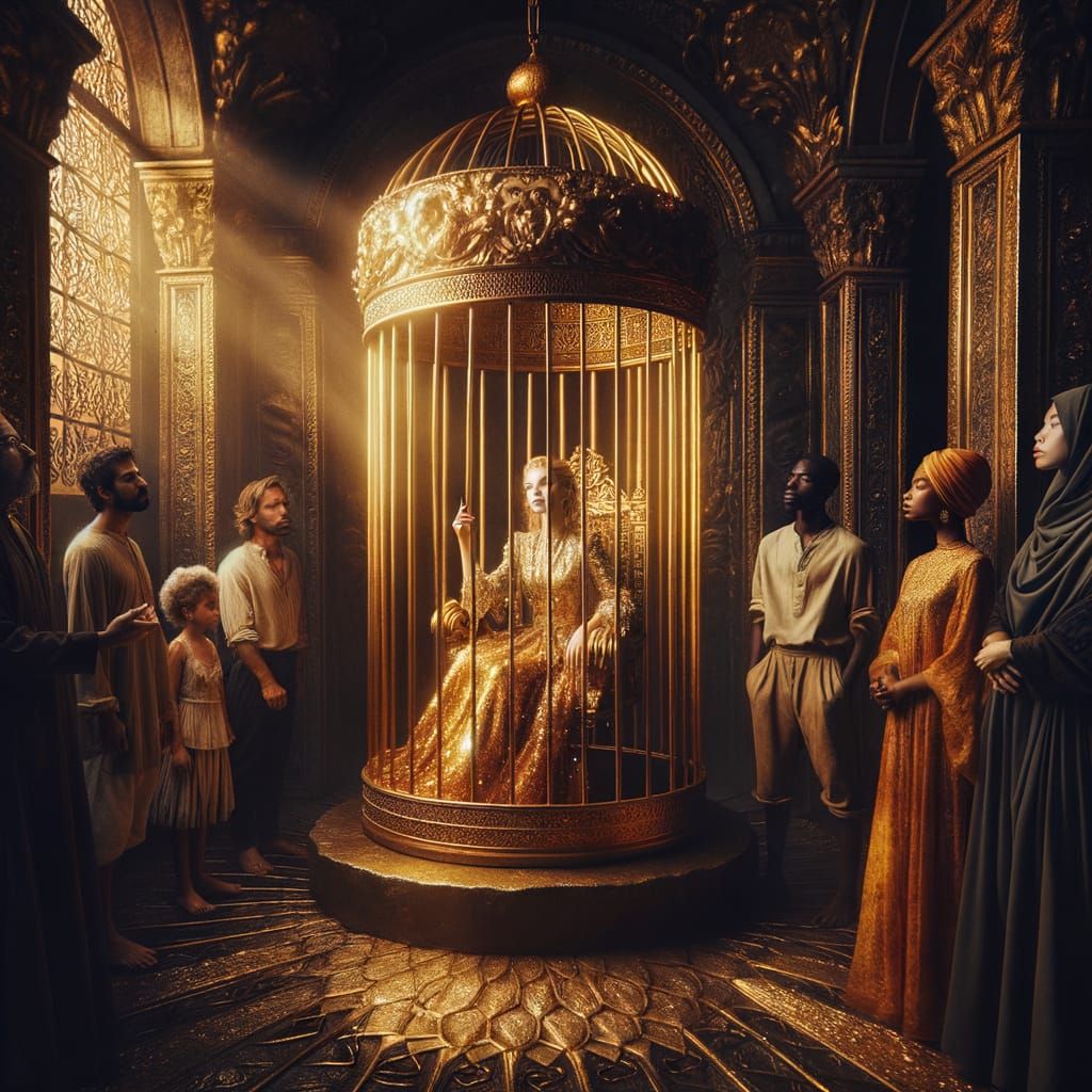 Woman's Captivity: Golden Cage and Watching Crowd