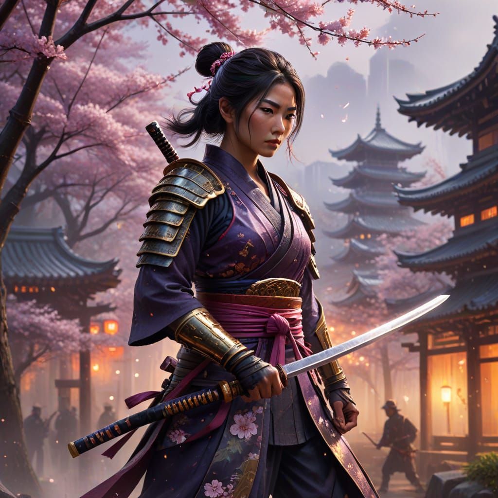 South Asian Samurai Warrior with Glowing Katana in Misty Cit...