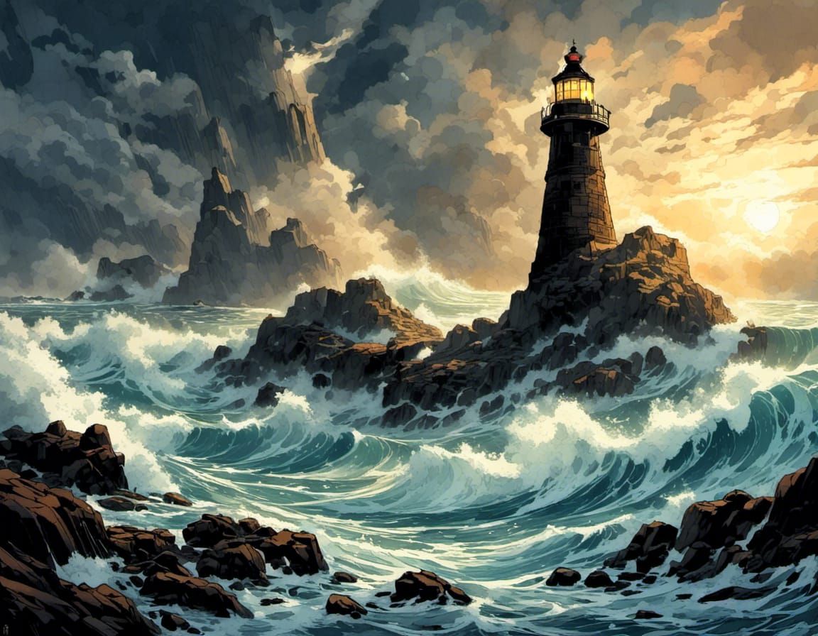 Stormy Night Lighthouse on Rocky Island